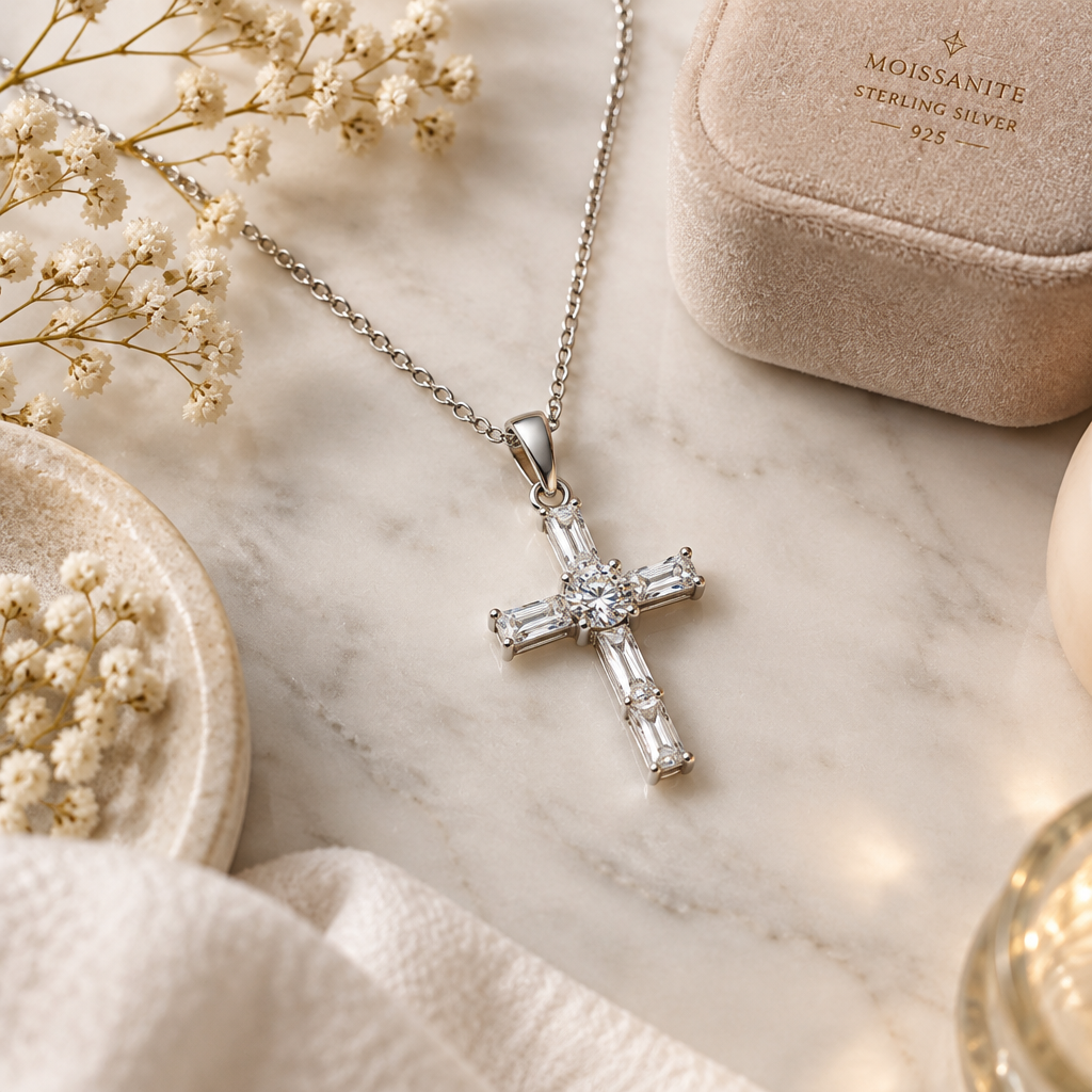 Moissanite cross pendant necklace on marble surface with velvet jewelry box