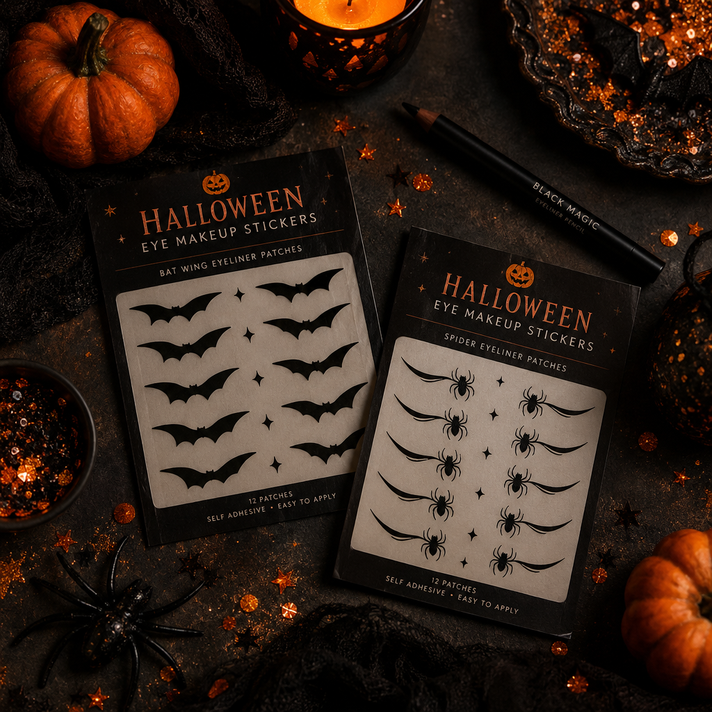 Halloween bat and spider decorative eyeliner patches flat lay with pumpkins and glitter