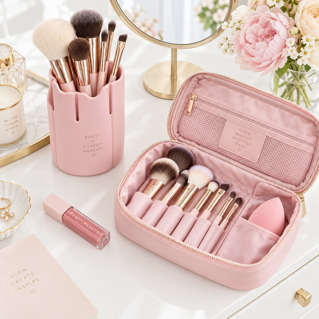 Pink silicone makeup brush organizer open with brushes and beauty blender on white vanity