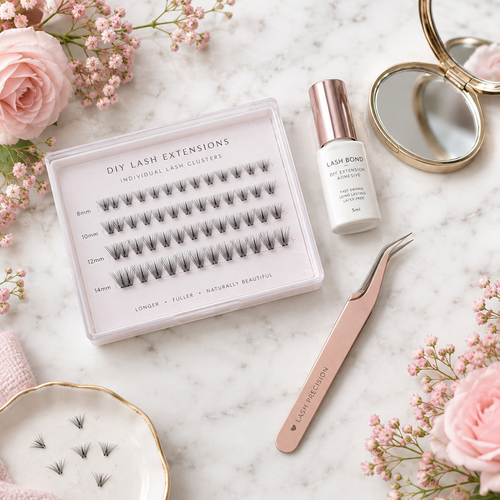 DIY lash extension kit with individual clusters, tweezers and adhesive on white marble vanity