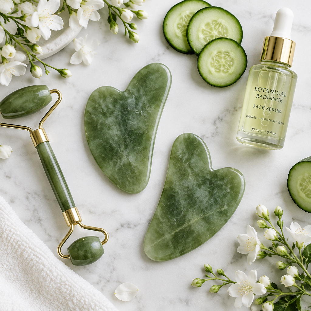 Two green natural resin gua sha boards on marble with serum bottle and white flowers