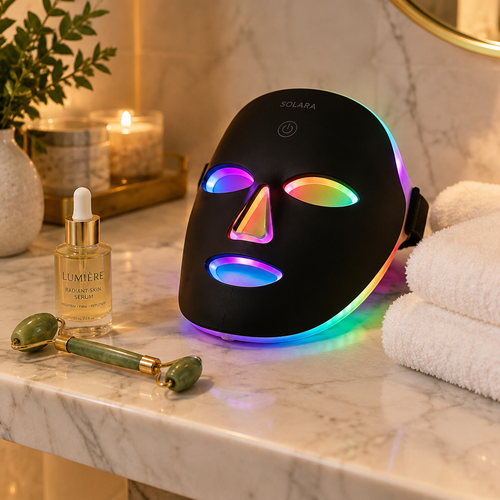 Black cordless LED face mask glowing on marble shelf with serum and jade roller